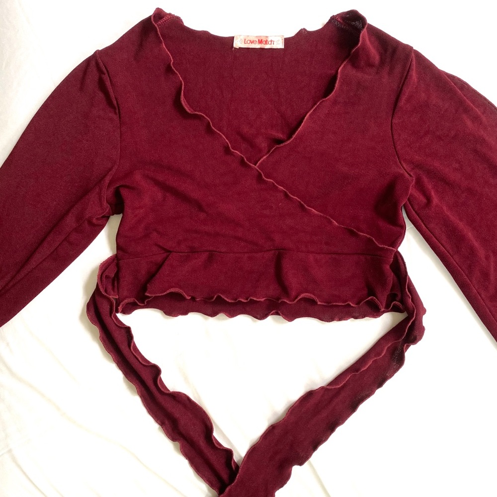 Love Match Dark Red V neck Crop Top with String 🌜
